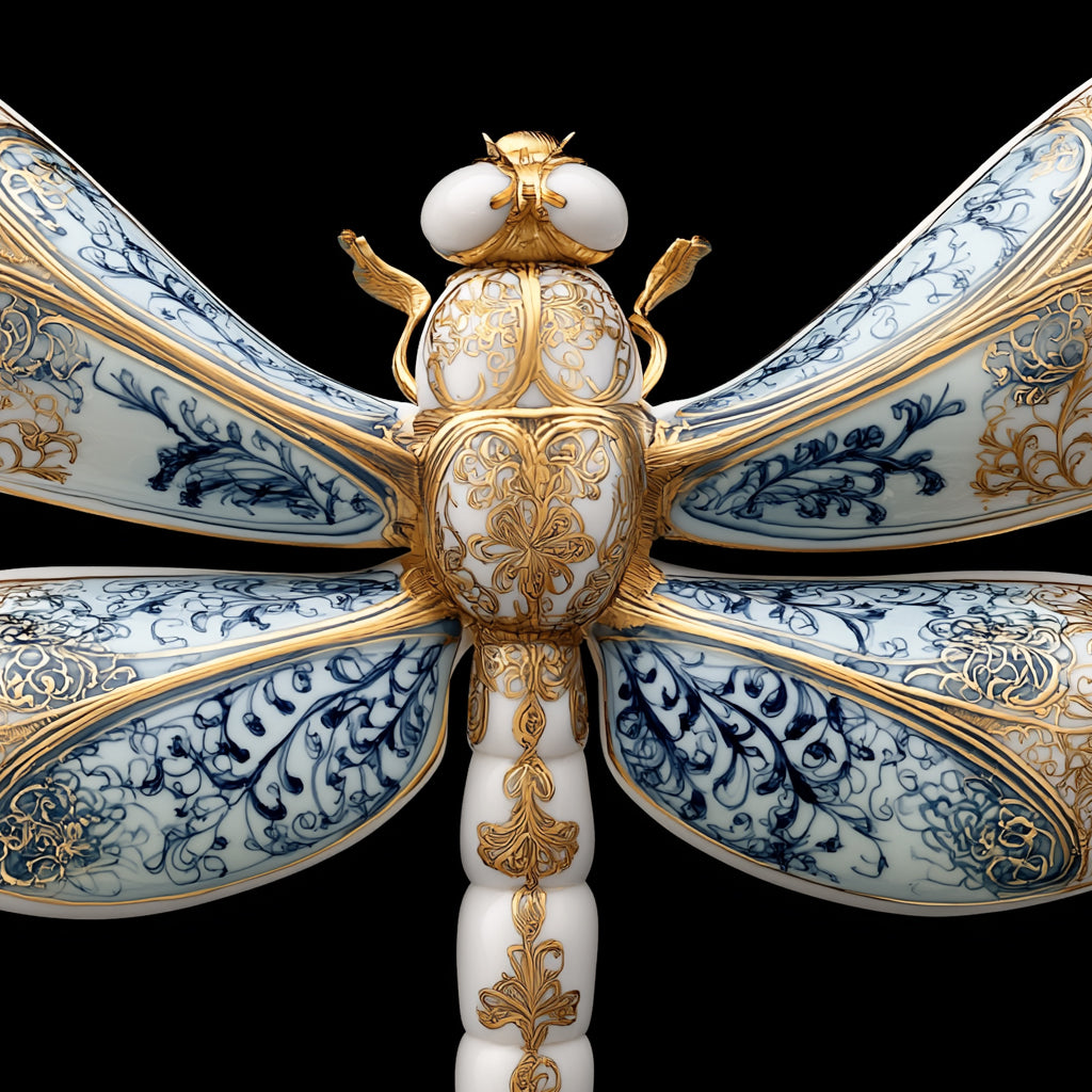Dragon fly, gold, white and blue