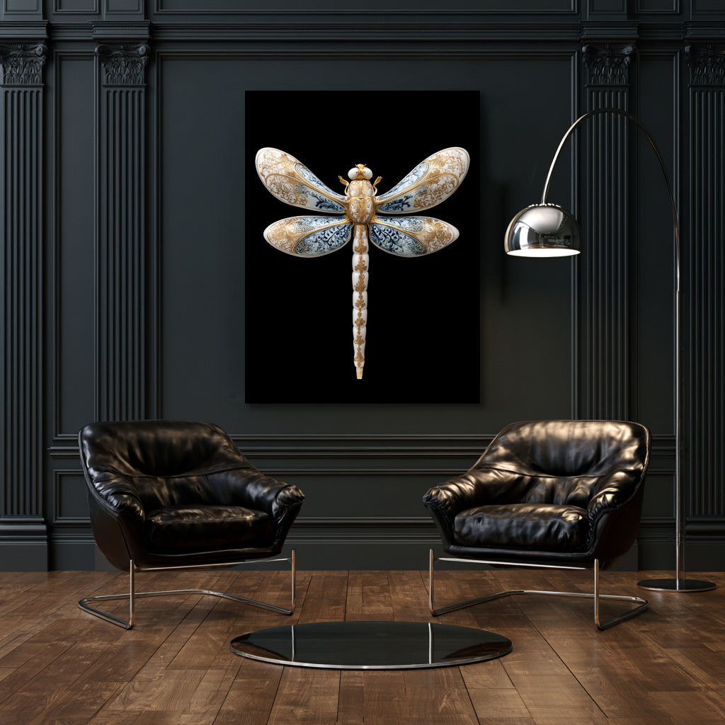 Dragon fly, gold, white and blue
