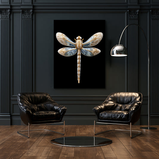Dragon fly, gold, white and blue