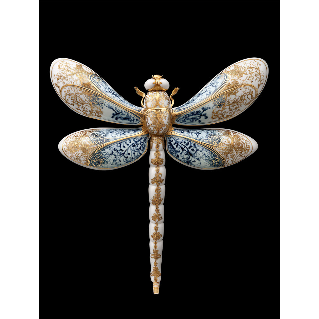 Dragon fly, gold, white and blue